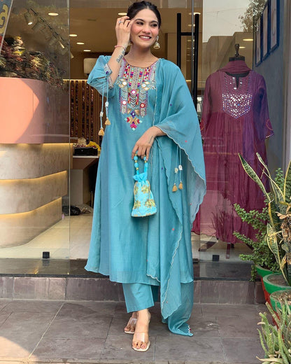 EKRIA Teal Charm Cotton Embroidered Suit Se