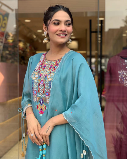 EKRIA Teal Charm Cotton Embroidered Suit Se
