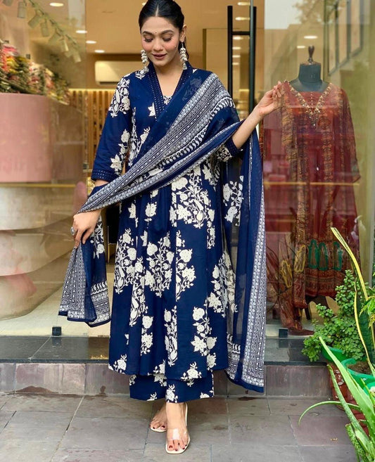 EKRIA Royal Indigo Floral Anarkali Set