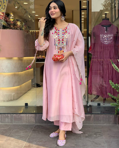 EKRIA Blush Pink Cotton Embroidered Suit Set