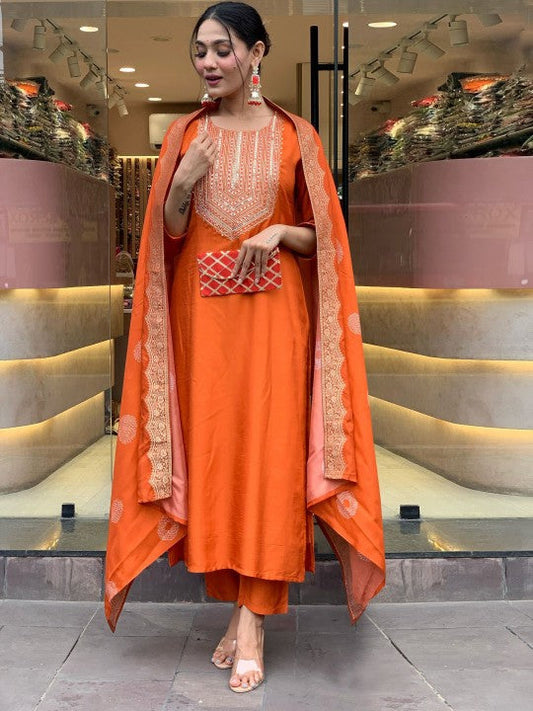 EKRIA Tangerine Silk Embroidered Anarkali Suit Set