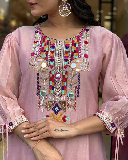 EKRIA Blush Pink Cotton Embroidered Suit Set