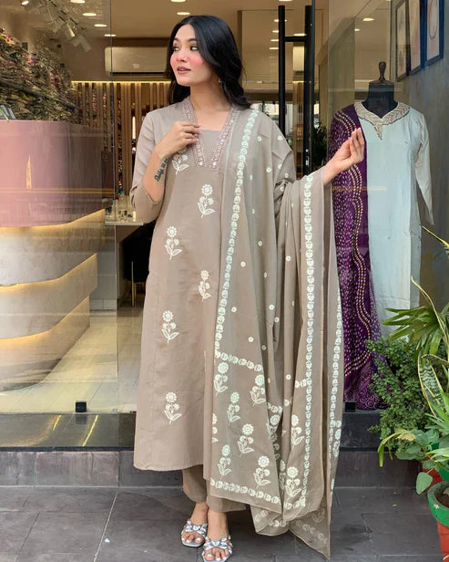 EKRIA Taupe Floral Embroidered Cotton Suit Set with Dupatta