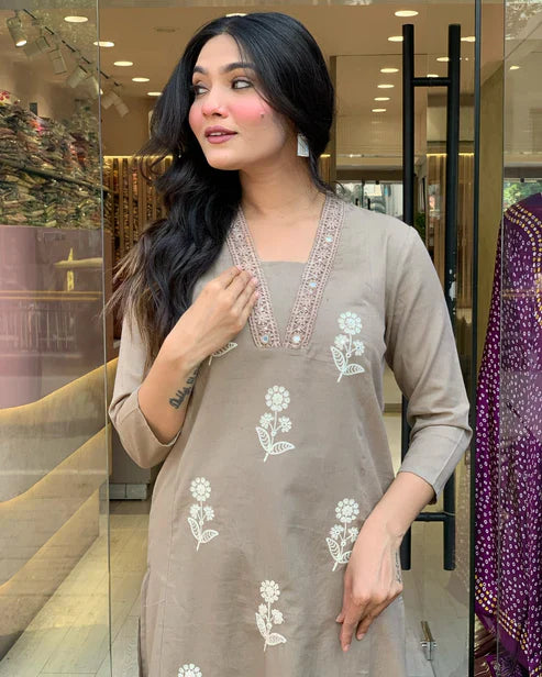 EKRIA Taupe Floral Embroidered Cotton Suit Set with Dupatta