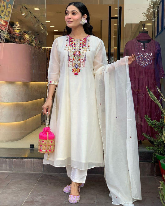 EKRIA Ivory Elegance Cotton Embroidered Suit Set