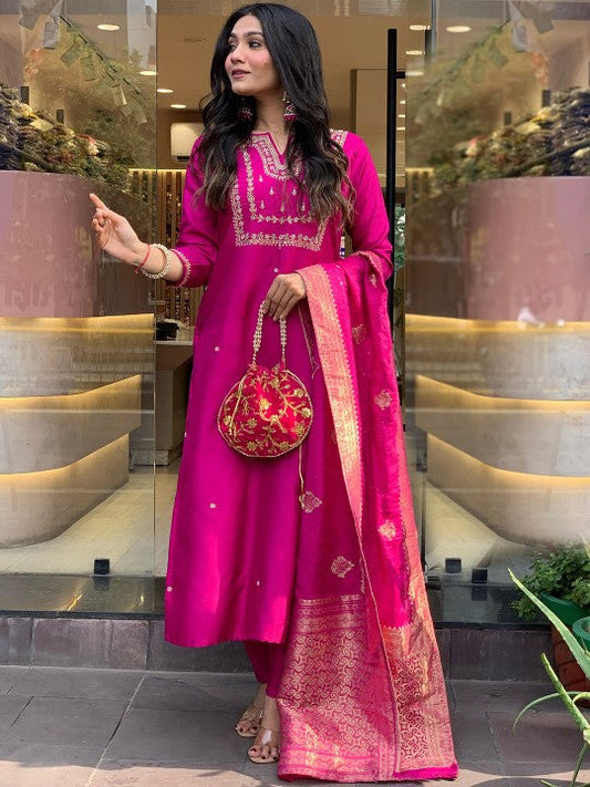 EKRIA Fuchsia Silk Embroidered Suit Set with Banarasi Dupatta