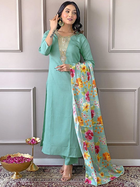 EKRIA Mint Green Floral Elegance Cotton Suit Set