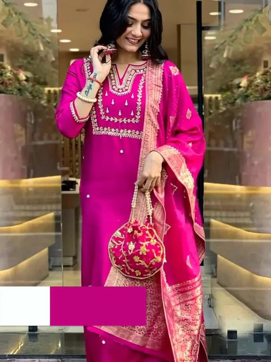 EKRIA Fuchsia Silk Embroidered Suit Set with Banarasi Dupatta