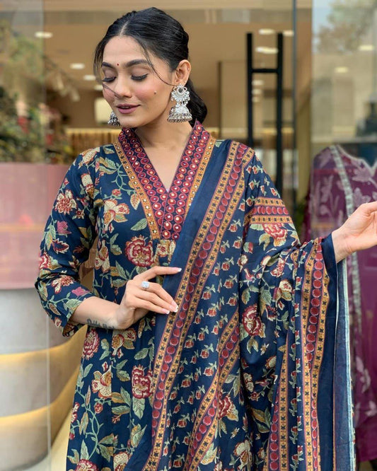 EKRIA Midnight Rose Anarkali Cotton Suit Set