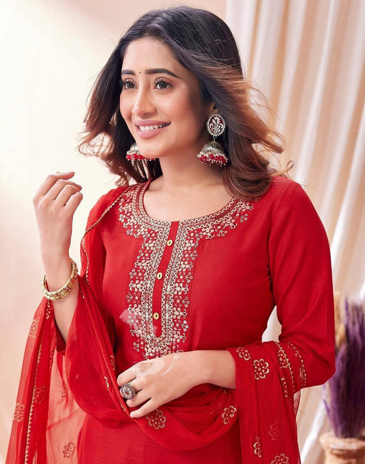 EKRIA Red Embroidered Festive Suit Set