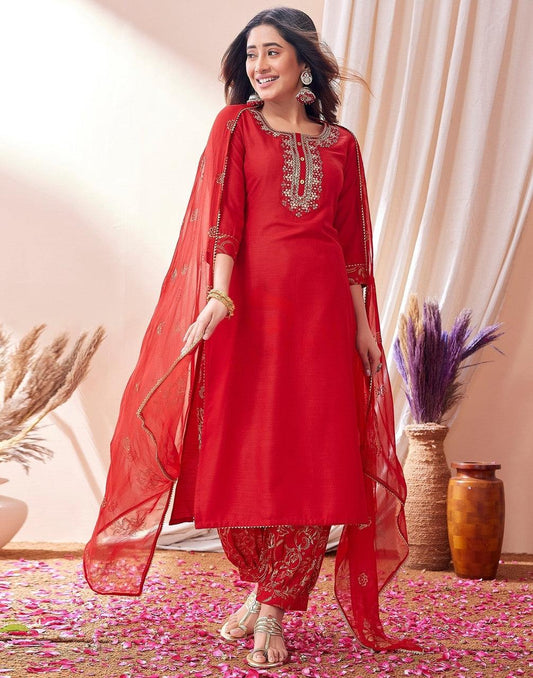 EKRIA Red Embroidered Festive Suit Set