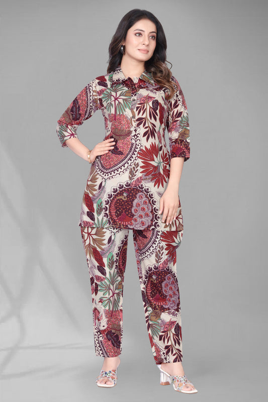 EKRIA Maroon Botanical Cotton Co-ord Suit Set