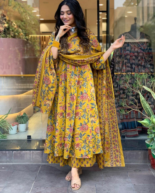EKRIA Mustard Floral Anarkali Cotton Suit Set