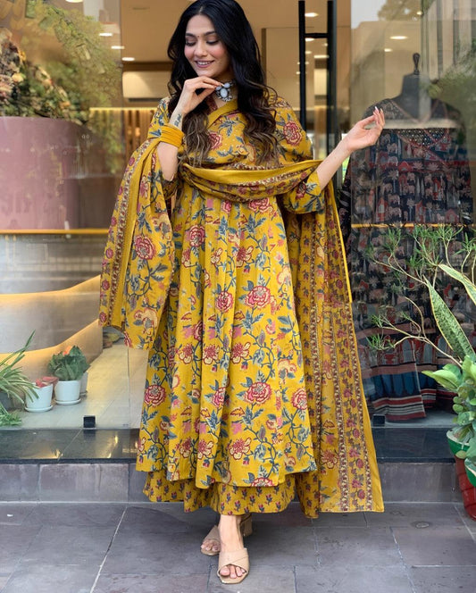 EKRIA Mustard Floral Anarkali Cotton Suit Set