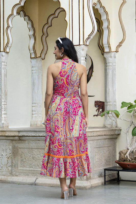 EKRIA Fuchsia Paisley Cotton Flared Dress