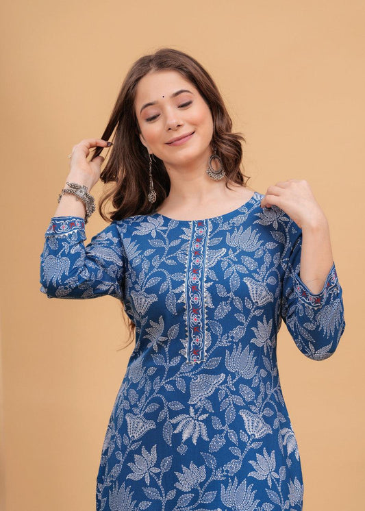 EKRIA Blue Leaf Print Cotton Kurta Set