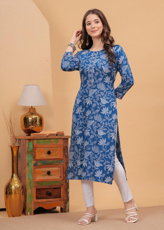 EKRIA Blue Leaf Print Cotton Kurta Set