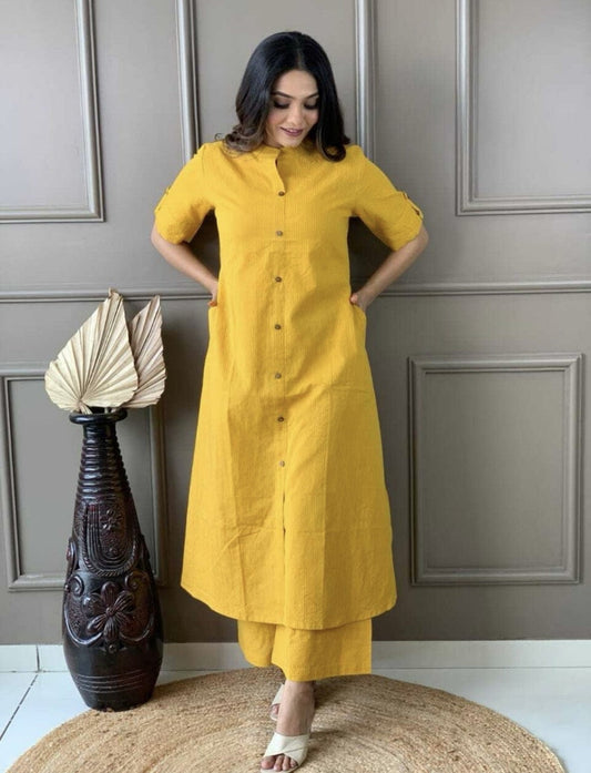 EKRIA Mustard Solid Cotton Co-Ord Set