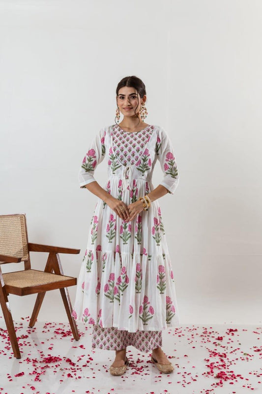 EKRIA White Pink Blossom Handblock Anarkali Set