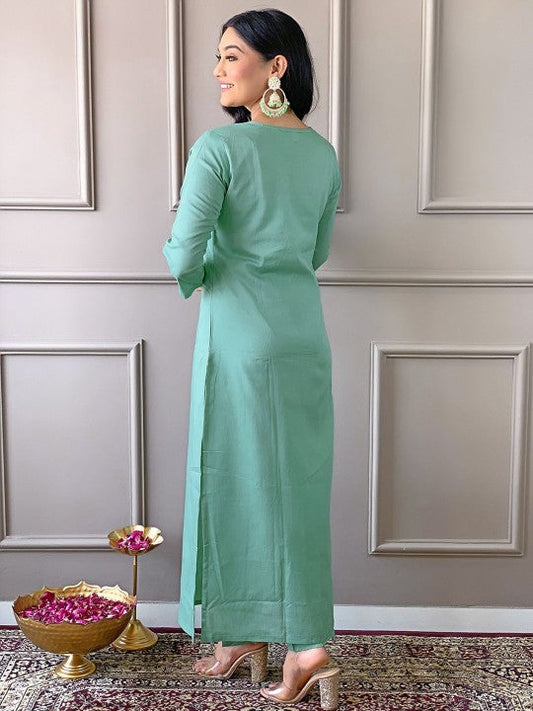 EKRIA Mint Green Floral Elegance Cotton Suit Set