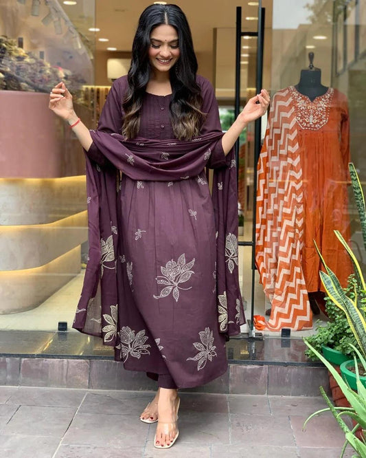 EKRIA Deep Plum Embroidered Cotton Suit Set