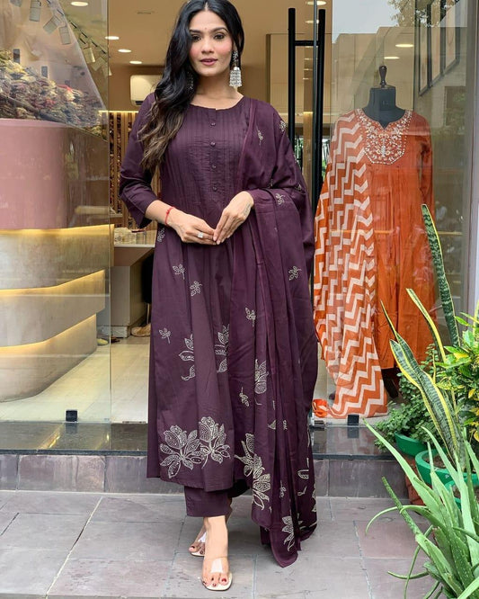 EKRIA Deep Plum Embroidered Cotton Suit Set