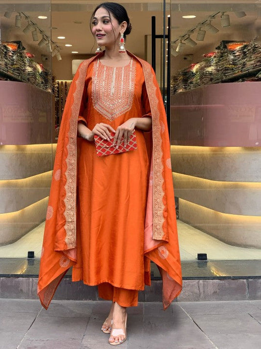 EKRIA Tangerine Silk Embroidered Anarkali Suit Set