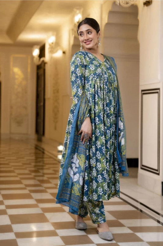 EKRIA Blue Floral Cotton Suit Set