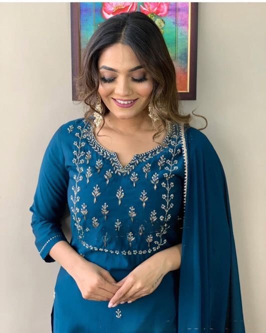EKRIA Petrol Blue Mirror Work Suit Set